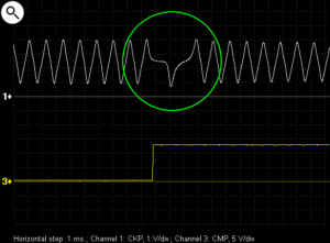 Zoomed signal from inductive crankshaft sensor on a Renault engine
