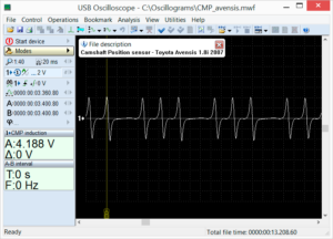 Output voltage waveform of the camshaft position sensor in good condition on a Toyota Avensis 1.8i 2007, recorded while the engine was at idle