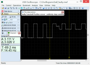 Output voltage waveform of the camshaft position sensor with a malfunction