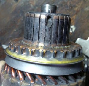 Badly burned commutator segments on a starter armature