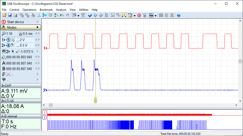 Waveform of CKP sensor signal and sync pulses obtained using CTi-50 clamps