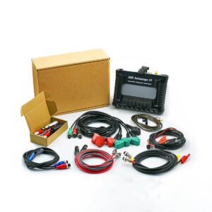 USB Autoscope IV automotive diagnostic oscilloscope kit with multiple cables and adapters laid out beside a cardboard box