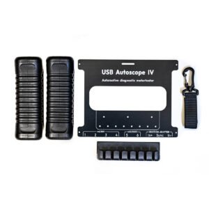 Device holder for USB Autoscope IV automotive diagnostic oscilloscope: two black bumpers, a mounting plate, a strap, and a silicone cable holder