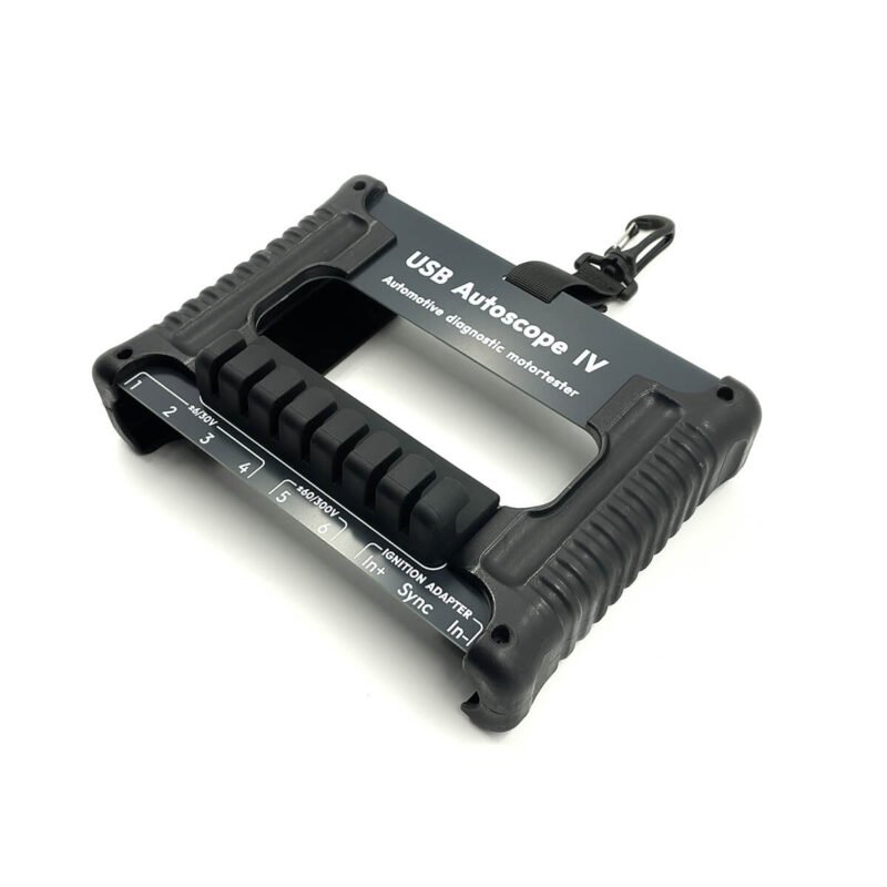Device holder for automotive diagnostic oscilloscope USB Autoscope IV with rugged bumpers and inputs information